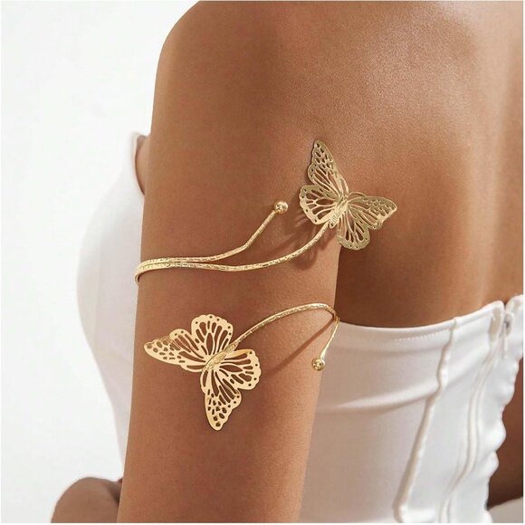 Elegant Gold Butterfly Cuff Bracelet - Adjustable Floral Arm Jewelry for Women - Picture 3 of 9